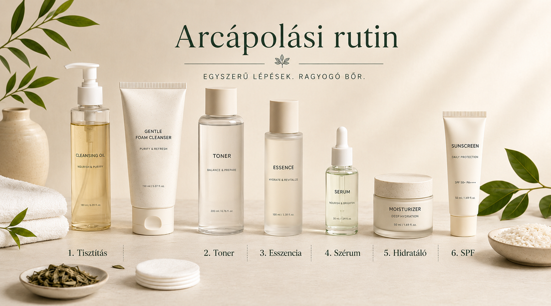 Hatlépéses arcápolási rutin termékei sorban: tisztítóolaj, habzó tisztító, toner, esszencia, szérum, hidratáló és SPF