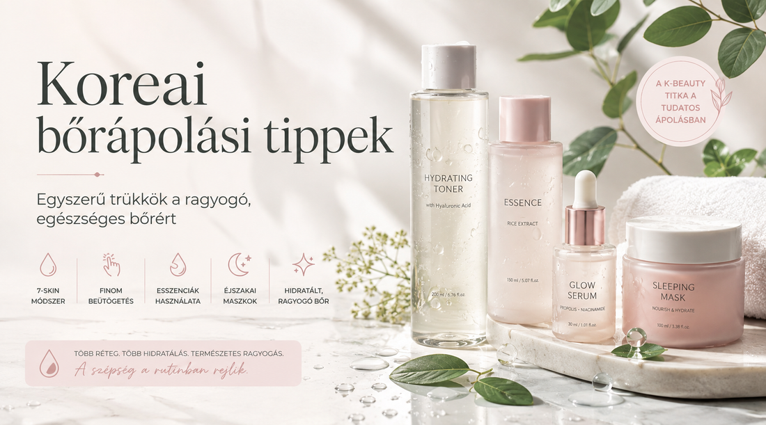 Rózsaszín hidratáló toner, esszencia, glow szérum és alvómaszk márványtálcán – koreai szépségápolás