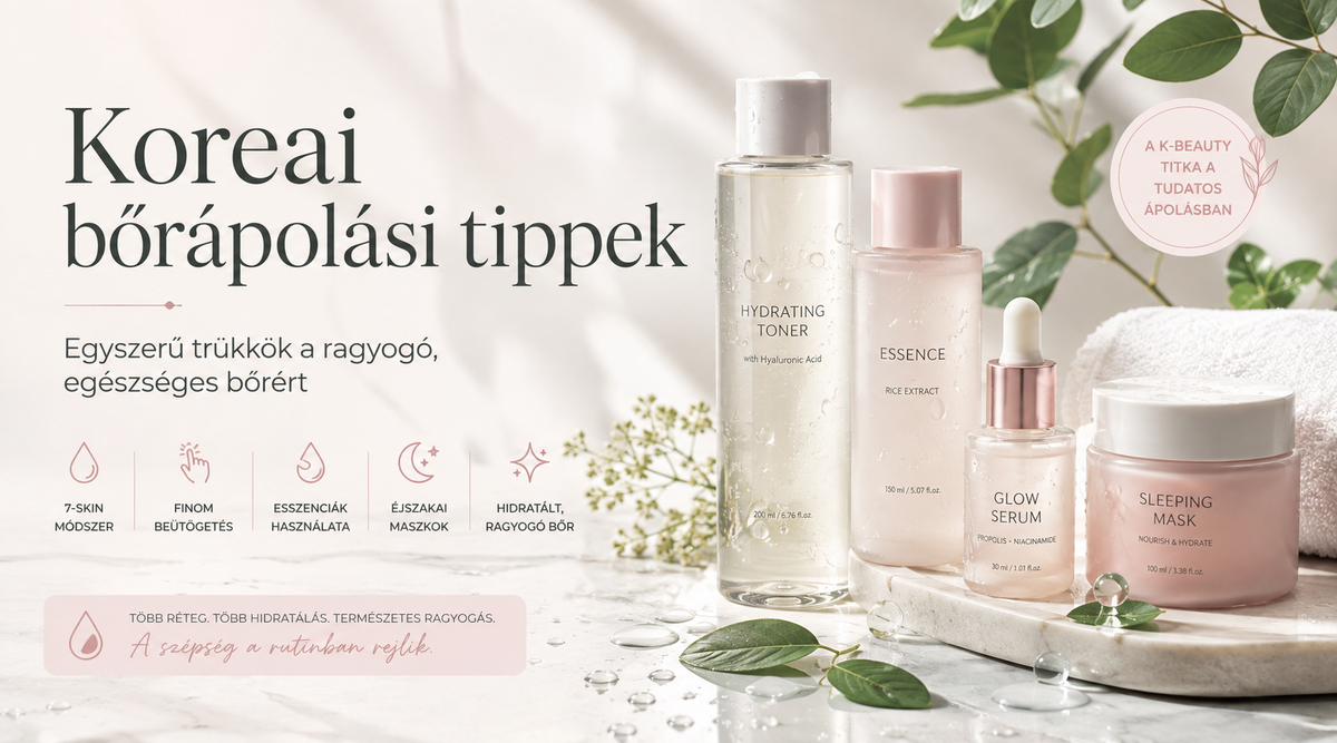 Rózsaszín hidratáló toner, esszencia, glow szérum és alvómaszk márványtálcán – koreai szépségápolás