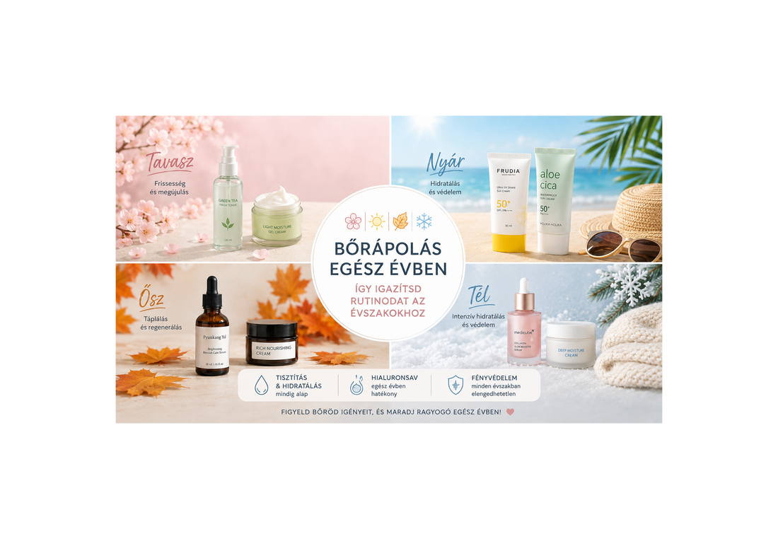 Négy évszakra osztott kollázs bőrápoló termékekkel: tavaszi toner és krém, nyári Frudia és Holika naptej, őszi szérum és krém, téli szérum és hidratáló