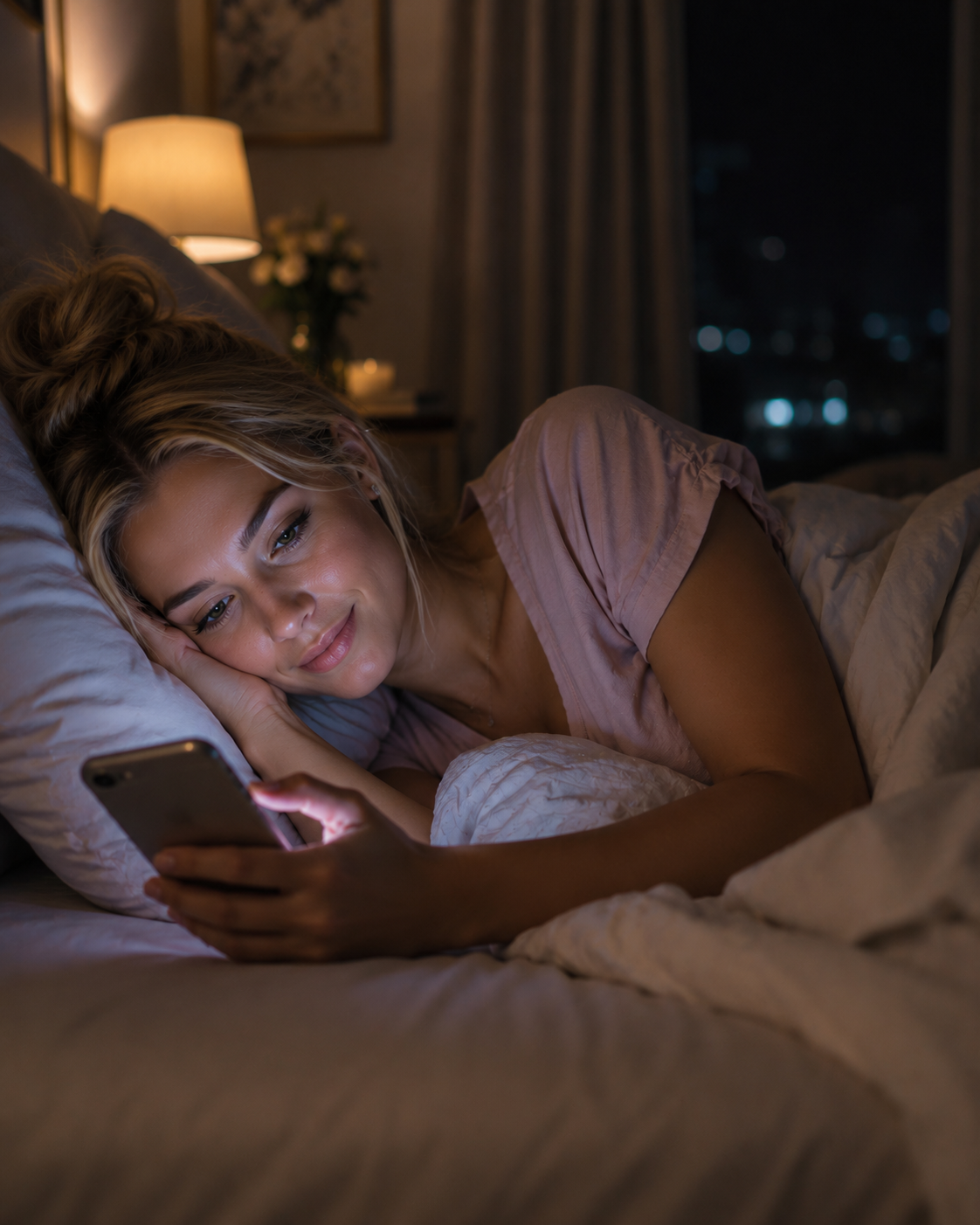 Fiatal nő este az ágyban fekve a telefonja képernyőjét nézi, az arcát a kijelző kék fénye világítja meg